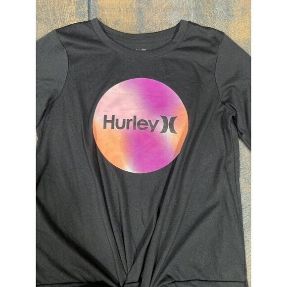 Hurley Girls Size XL 16 Crossed Hem Long Sleeve Black Logo Tee! - Picture 2 of 7